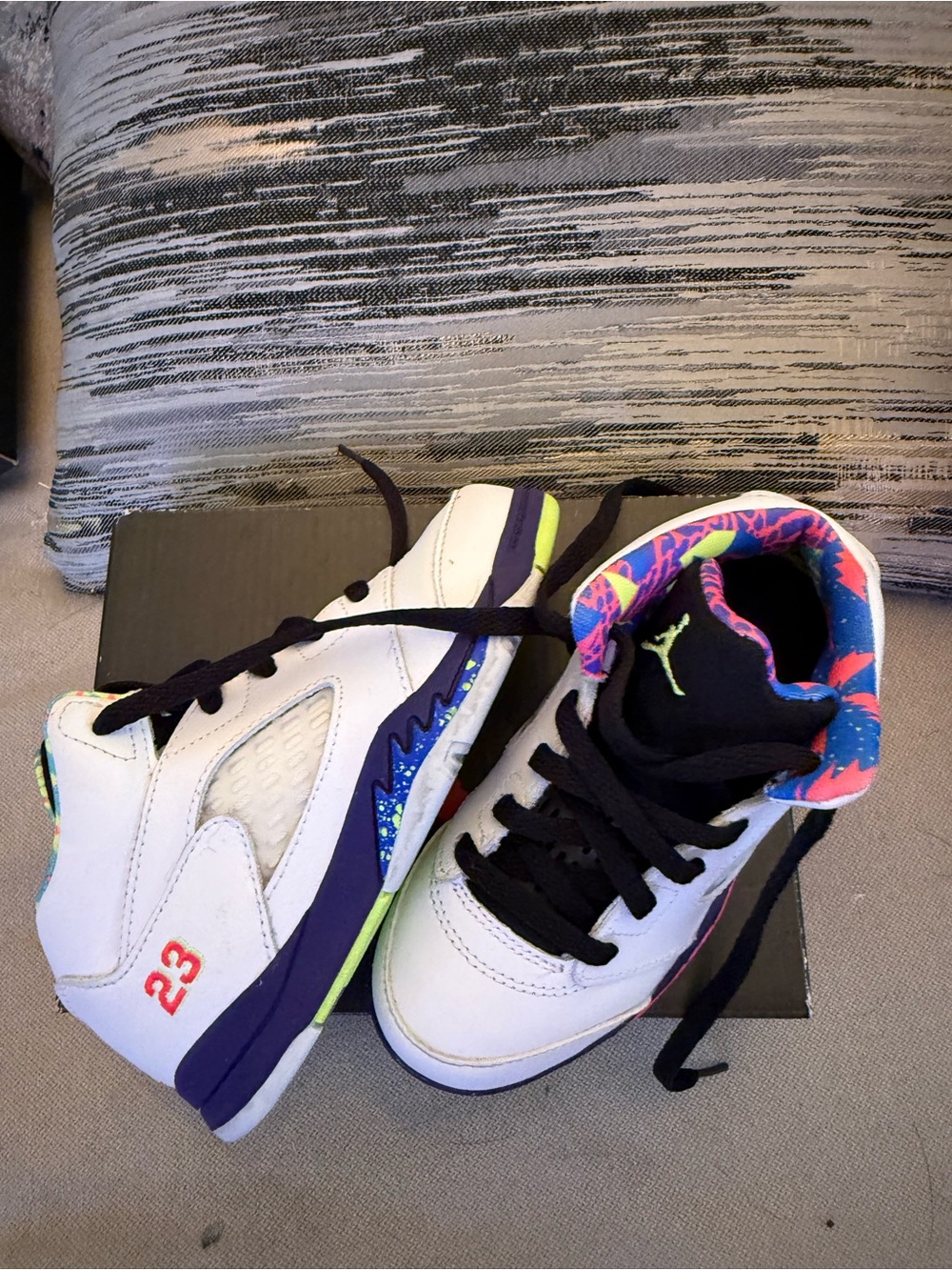 Jordan Kids White, Purple & Neon Green Retro Basketball Sneakers